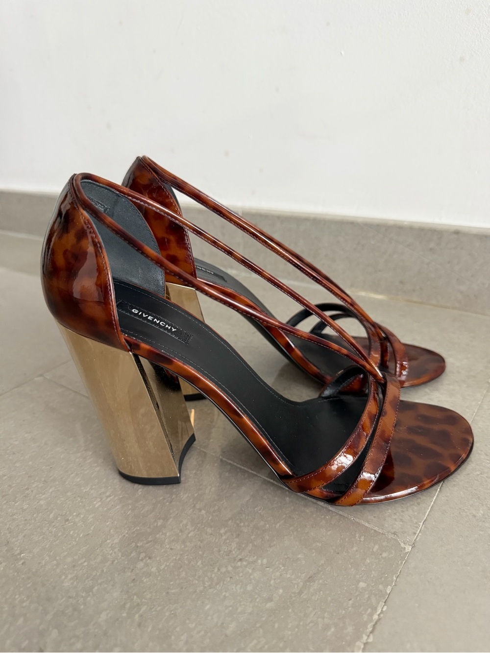 Givenchy Tortoiseshell Patent Leather Strappy Block Heel Sandals